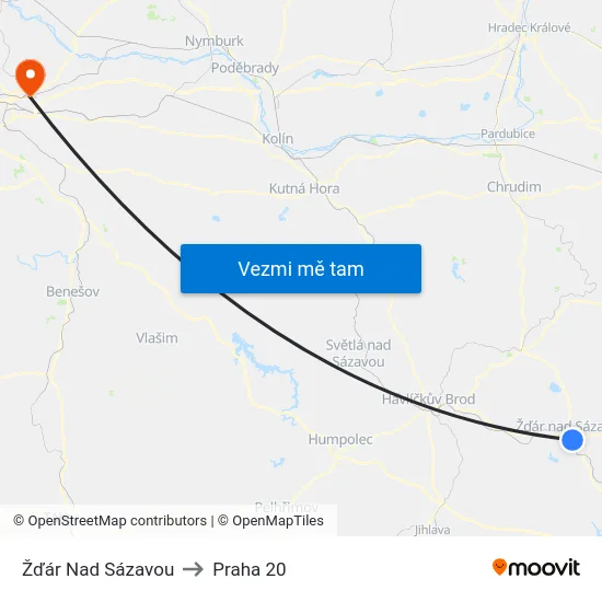 Žďár Nad Sázavou to Praha 20 map
