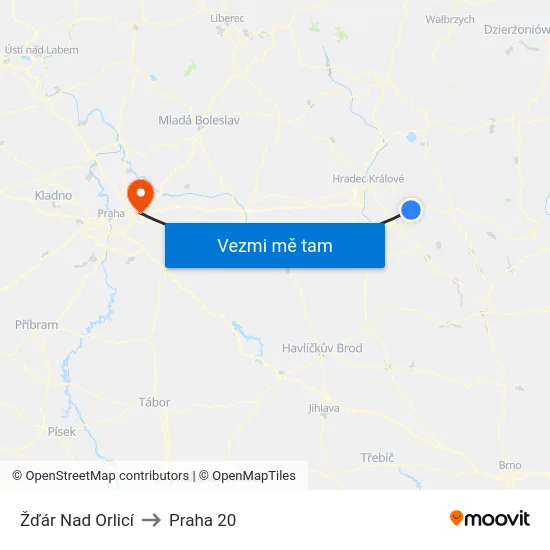 Žďár Nad Orlicí to Praha 20 map