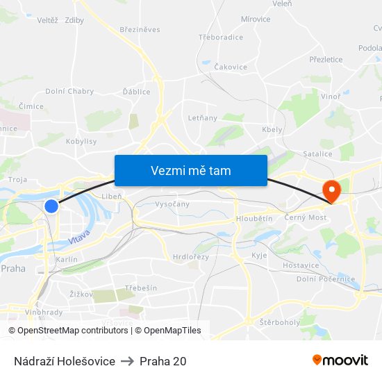 Nádraží Holešovice to Praha 20 map