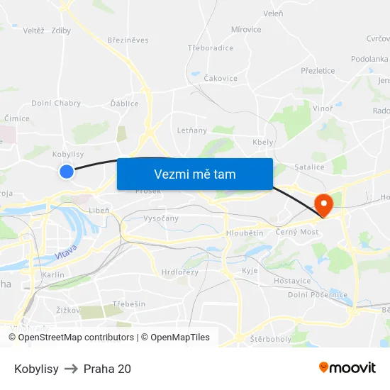 Kobylisy to Praha 20 map