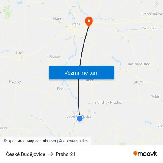 České Budějovice to Praha 21 map