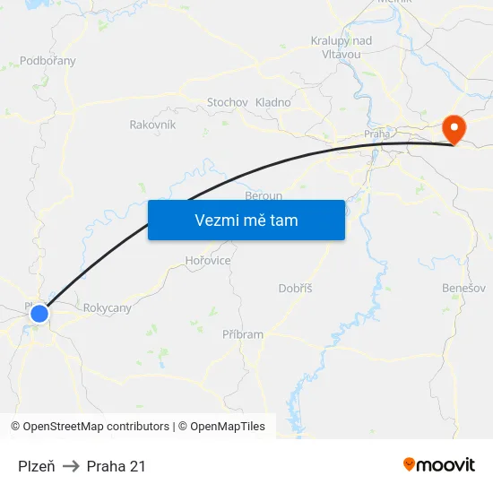 Plzeň to Praha 21 map
