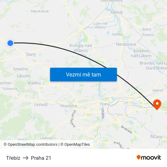 Třebíz to Praha 21 map