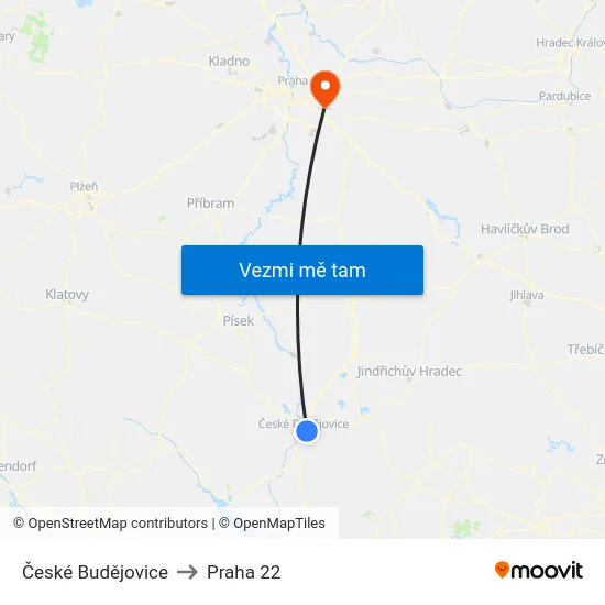 České Budějovice to Praha 22 map