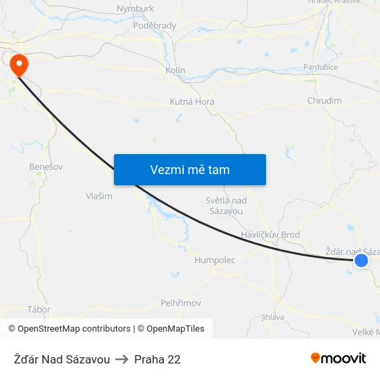Žďár Nad Sázavou to Praha 22 map