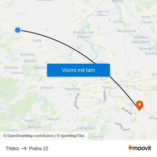 Třebíz to Praha 22 map