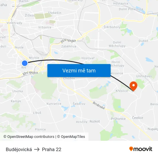 Budějovická to Praha 22 map