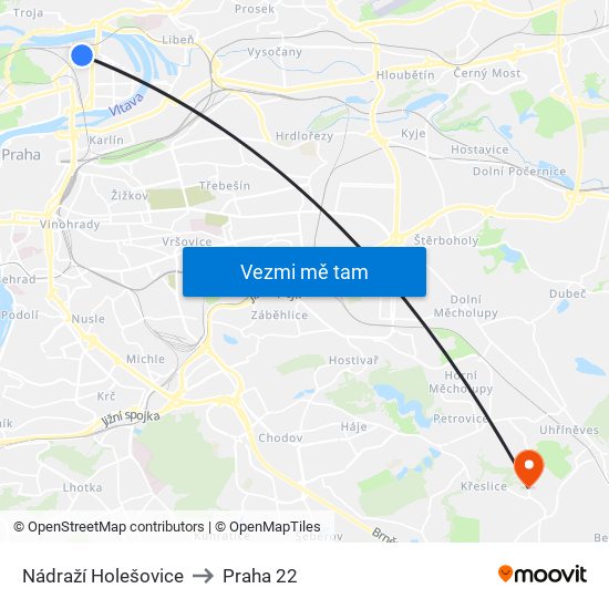 Nádraží Holešovice to Praha 22 map