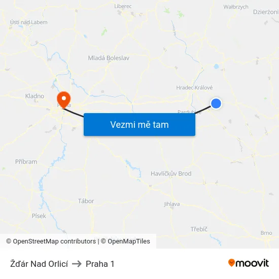 Žďár Nad Orlicí to Praha 1 map