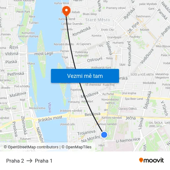 Praha 2 to Praha 1 map