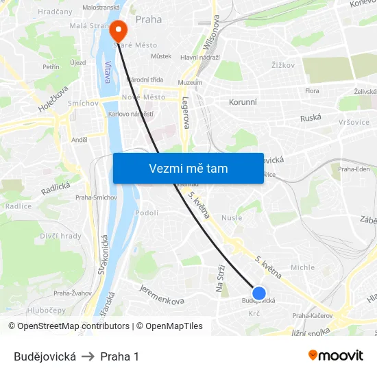 Budějovická to Praha 1 map