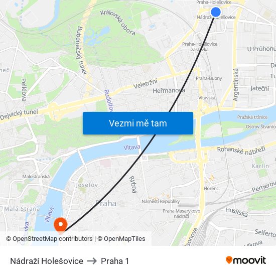 Nádraží Holešovice to Praha 1 map