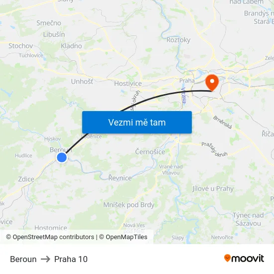 Beroun to Praha 10 map