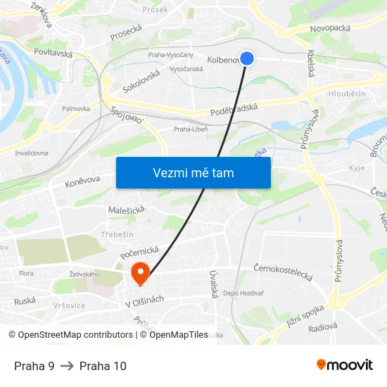 Praha 9 to Praha 10 map