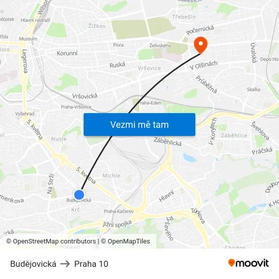 Budějovická to Praha 10 map