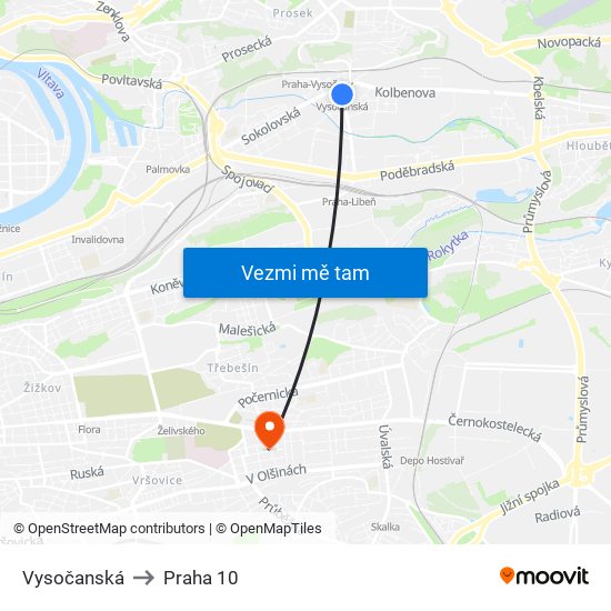 Vysočanská to Praha 10 map