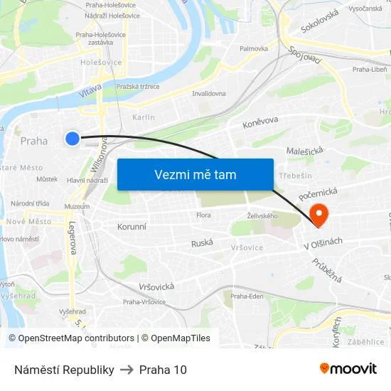 Náměstí Republiky to Praha 10 map