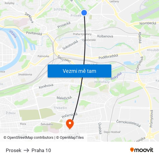 Prosek to Praha 10 map