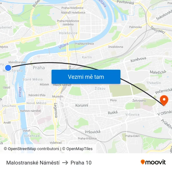 Malostranské Náměstí to Praha 10 map