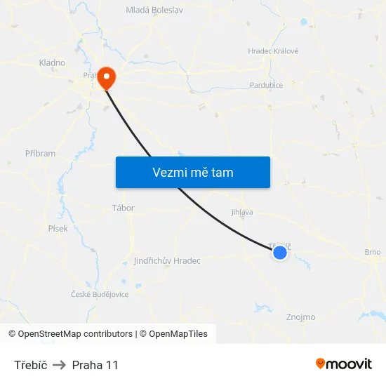 Třebíč to Praha 11 map