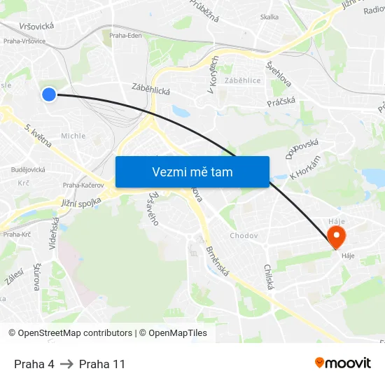 Praha 4 to Praha 11 map