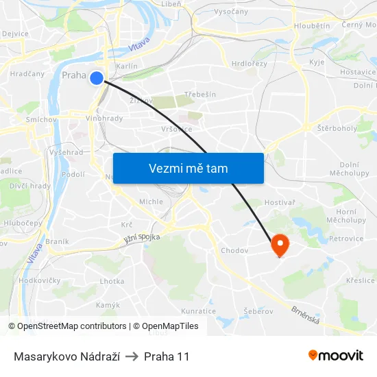 Masarykovo Nádraží to Praha 11 map