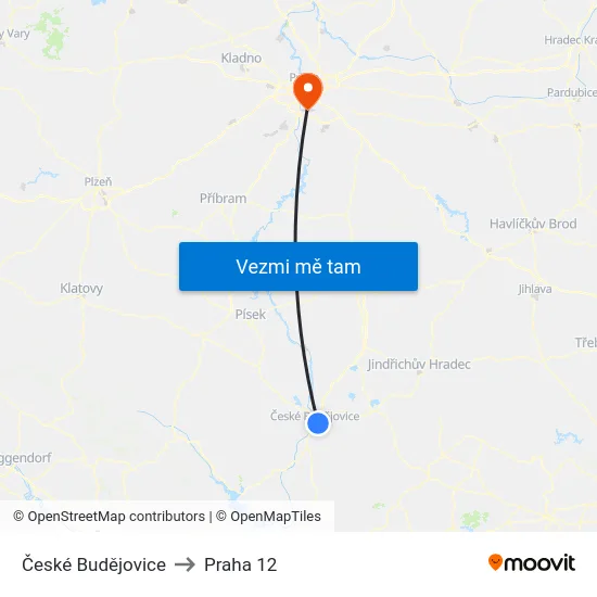 České Budějovice to Praha 12 map