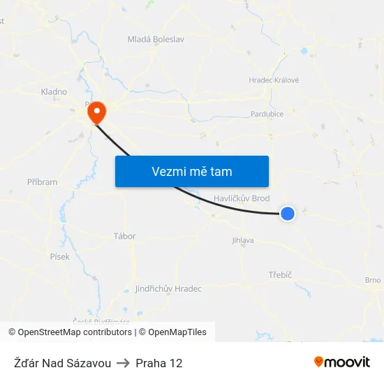 Žďár Nad Sázavou to Praha 12 map
