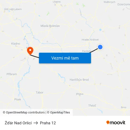 Žďár Nad Orlicí to Praha 12 map