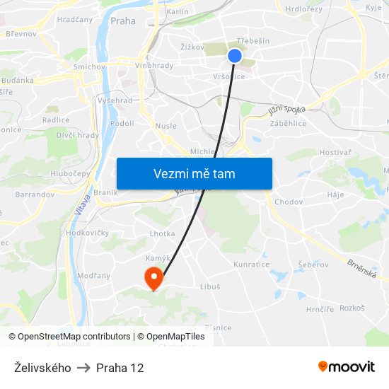 Želivského to Praha 12 map