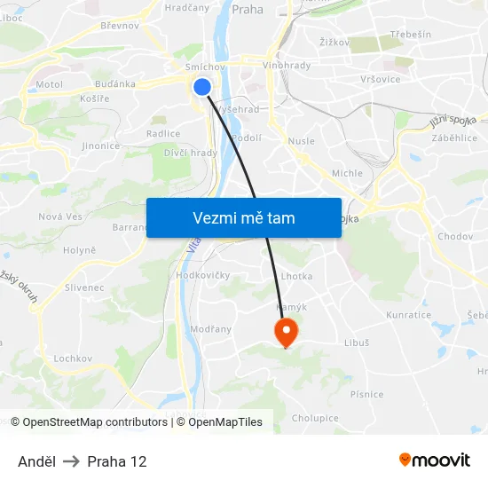Anděl to Praha 12 map
