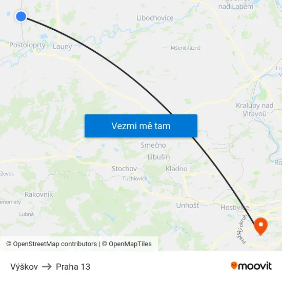 Výškov to Praha 13 map
