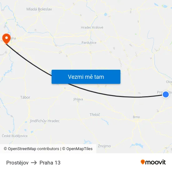 Prostějov to Praha 13 map