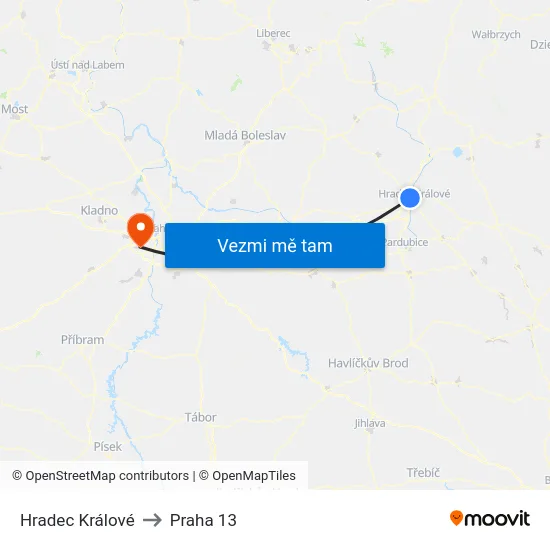 Hradec Králové to Praha 13 map