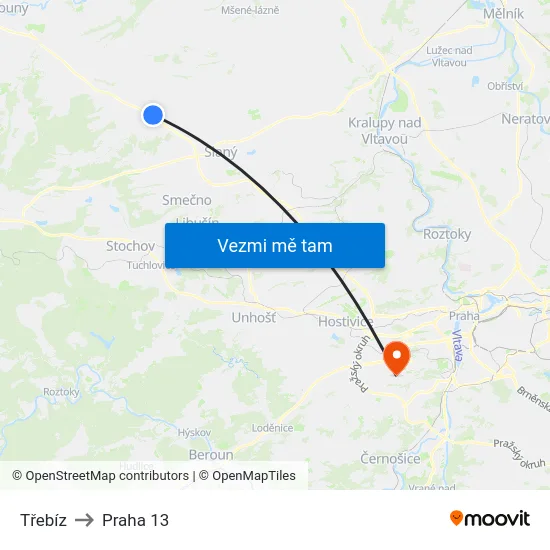 Třebíz to Praha 13 map