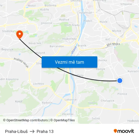 Praha-Libuš to Praha 13 map
