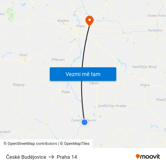 České Budějovice to Praha 14 map