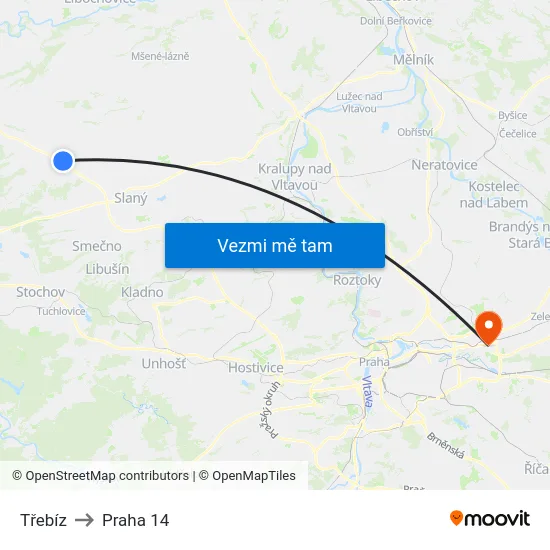 Třebíz to Praha 14 map