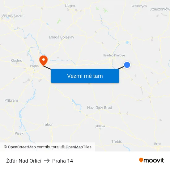 Žďár Nad Orlicí to Praha 14 map
