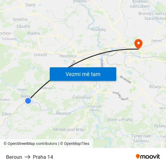Beroun to Praha 14 map