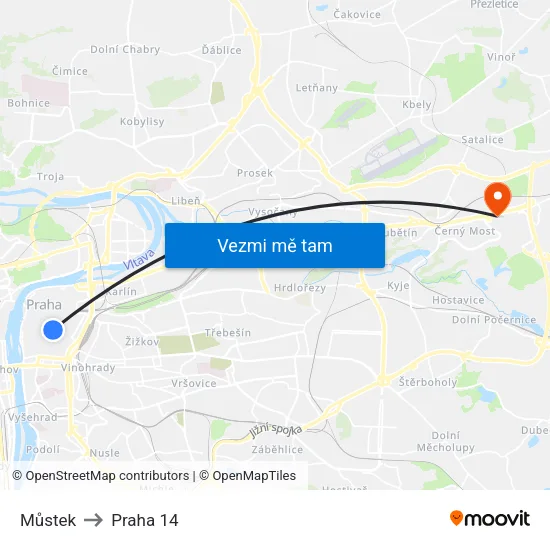 Můstek to Praha 14 map