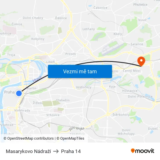 Masarykovo Nádraží to Praha 14 map