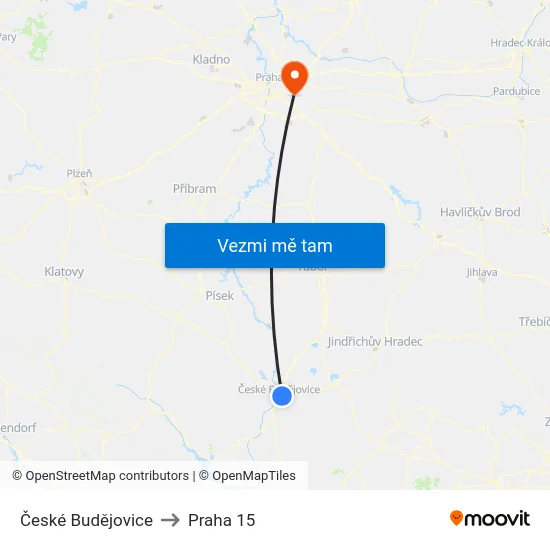 České Budějovice to Praha 15 map