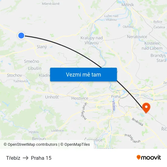 Třebíz to Praha 15 map