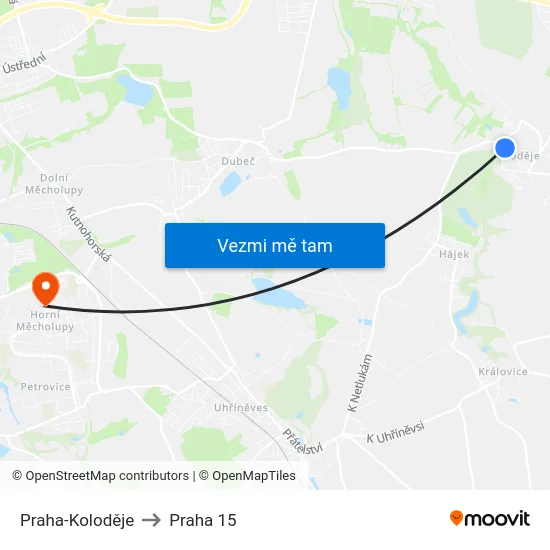 Praha-Koloděje to Praha 15 map