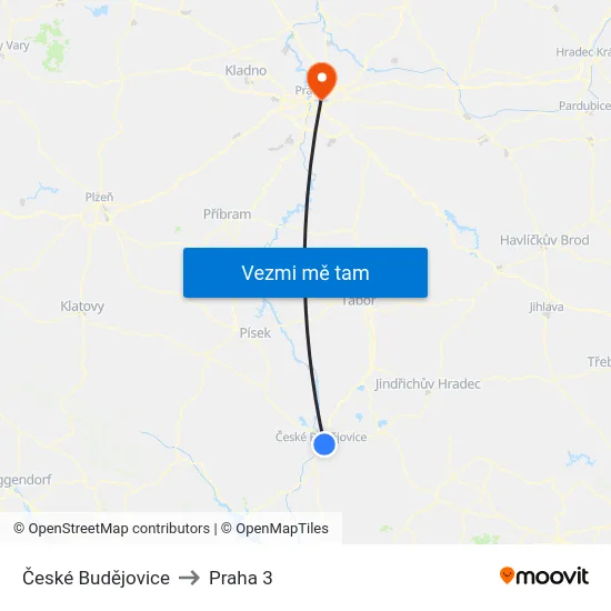 České Budějovice to Praha 3 map