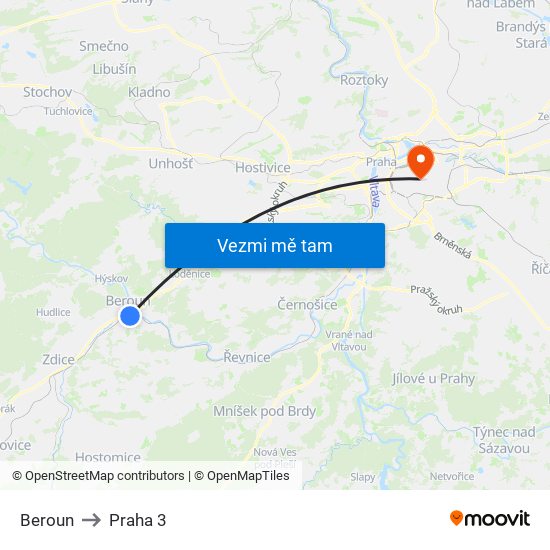 Beroun to Praha 3 map