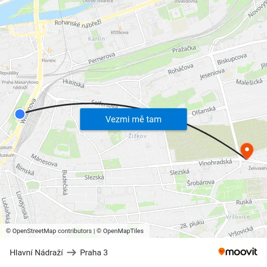 Hlavní Nádraží to Praha 3 map