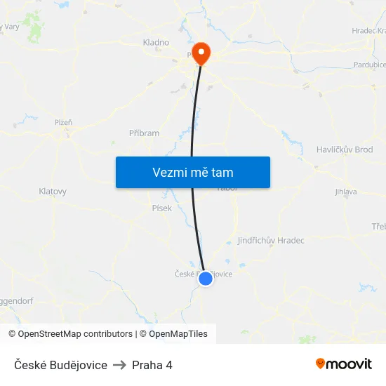 České Budějovice to Praha 4 map