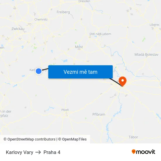 Karlovy Vary to Praha 4 map